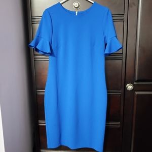 Calvin Klein Blue Fitted Dress with Ruffle Sleeves